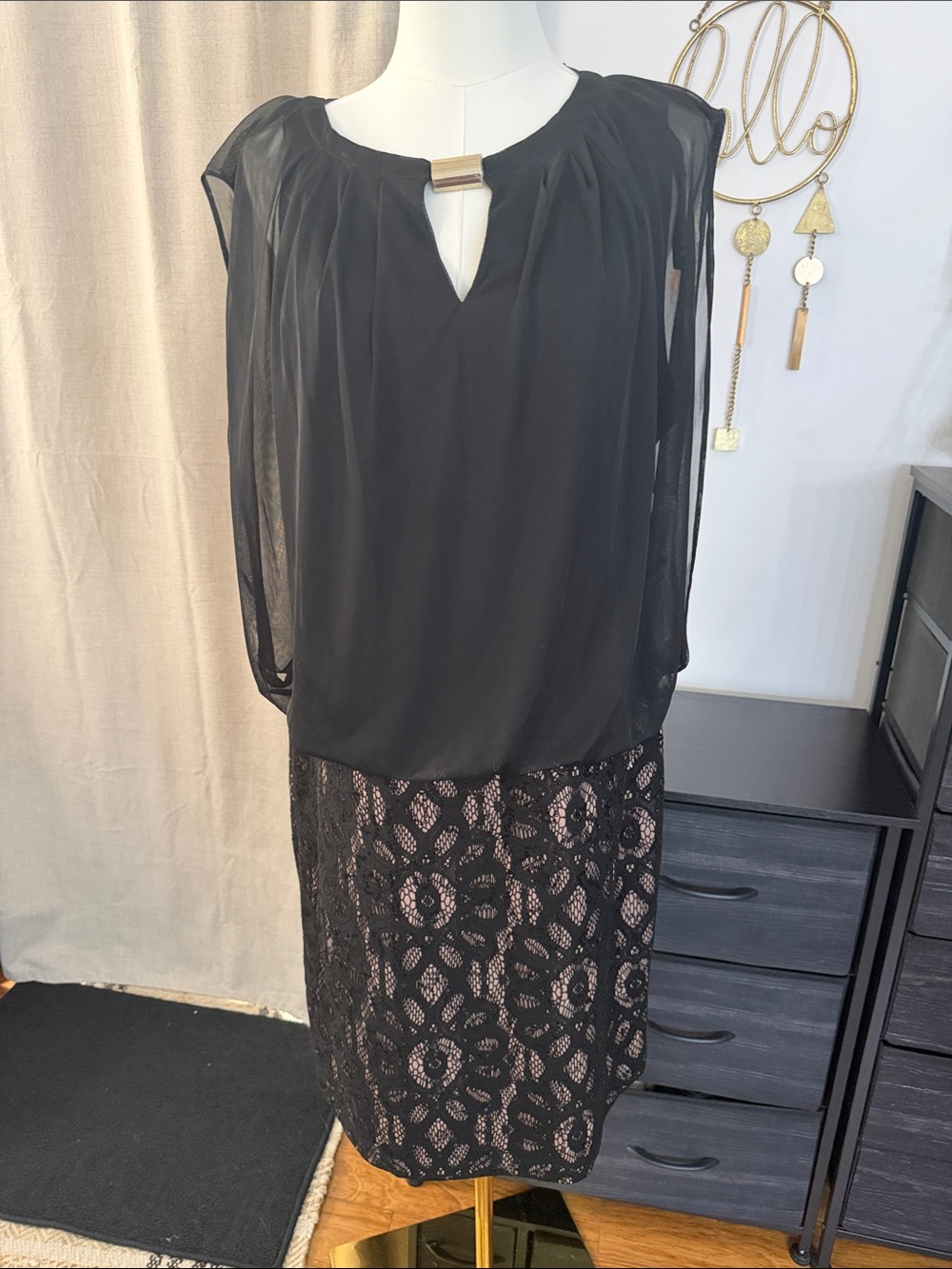 Black Lace-Overlay Mini Dress with Sheer Black Blouson Top Size 14